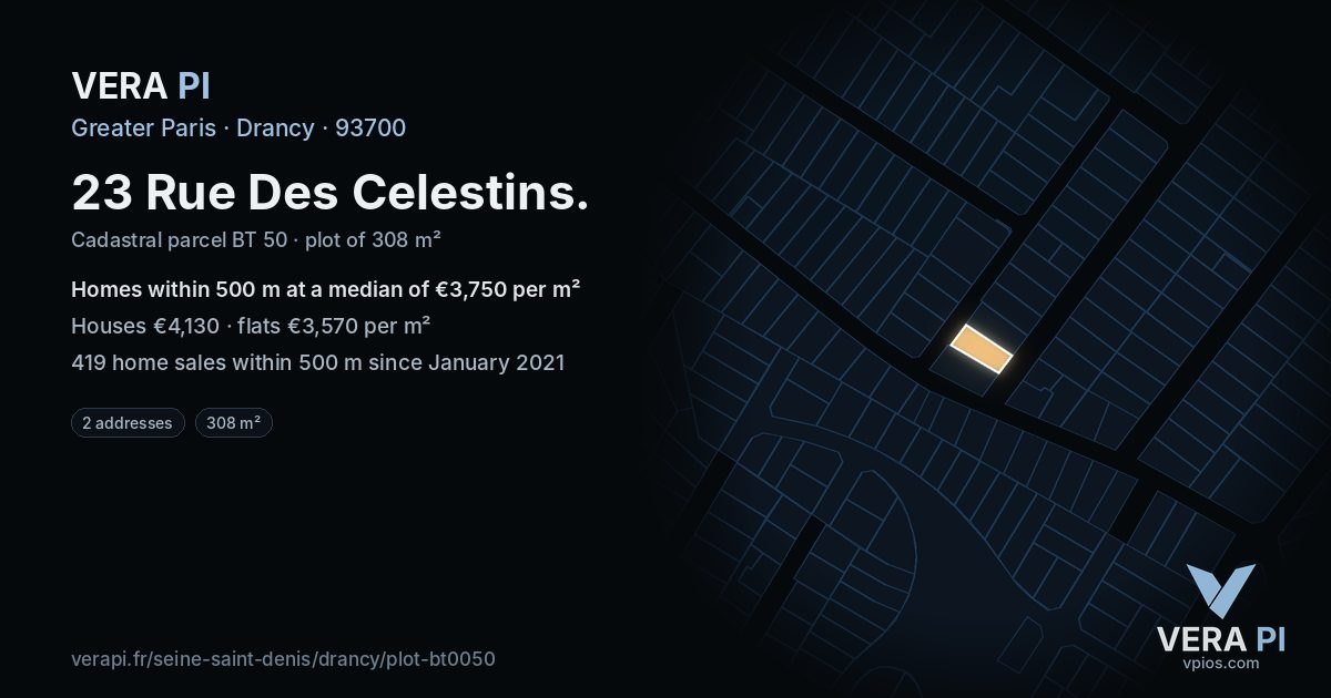 23 Rue Des Celestins, Drancy at night – the plot lit, the parcels around coloured by the prices near them