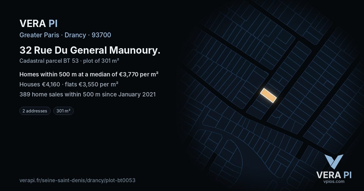 32 Rue Du General Maunoury, Drancy at night – the plot lit, the parcels around coloured by the prices near them