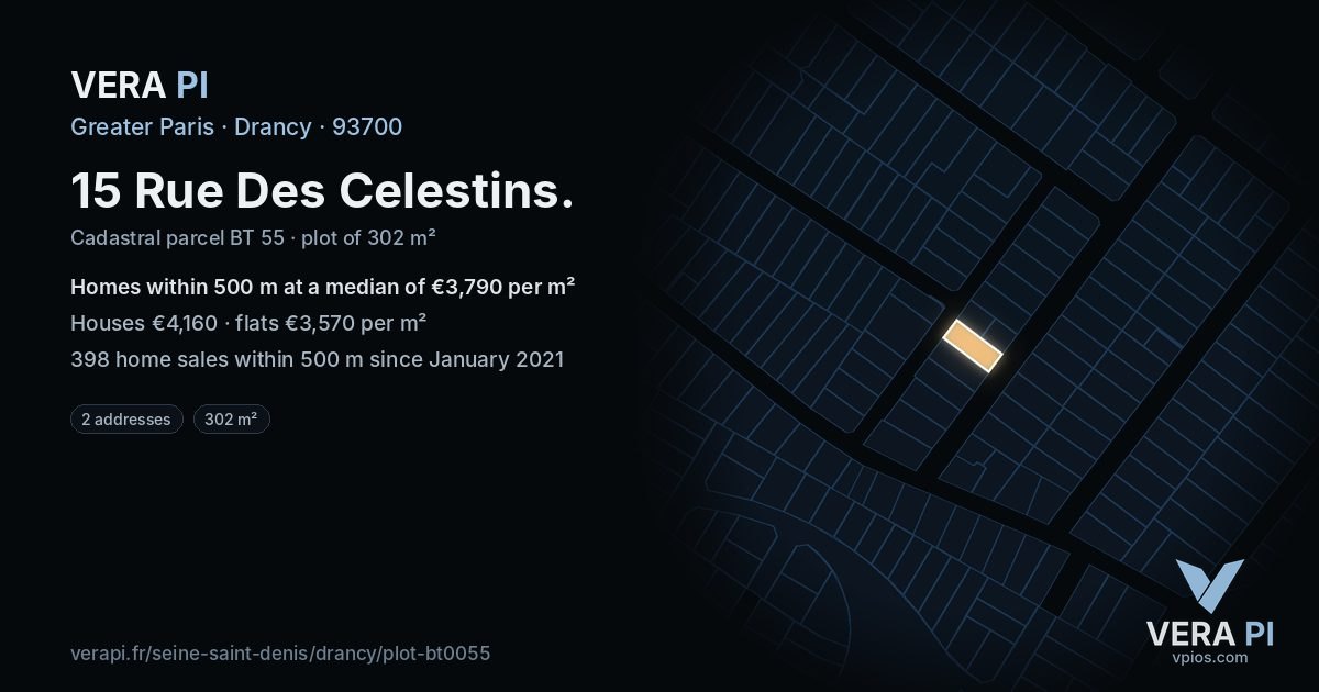 15 Rue Des Celestins, Drancy at night – the plot lit, the parcels around coloured by the prices near them