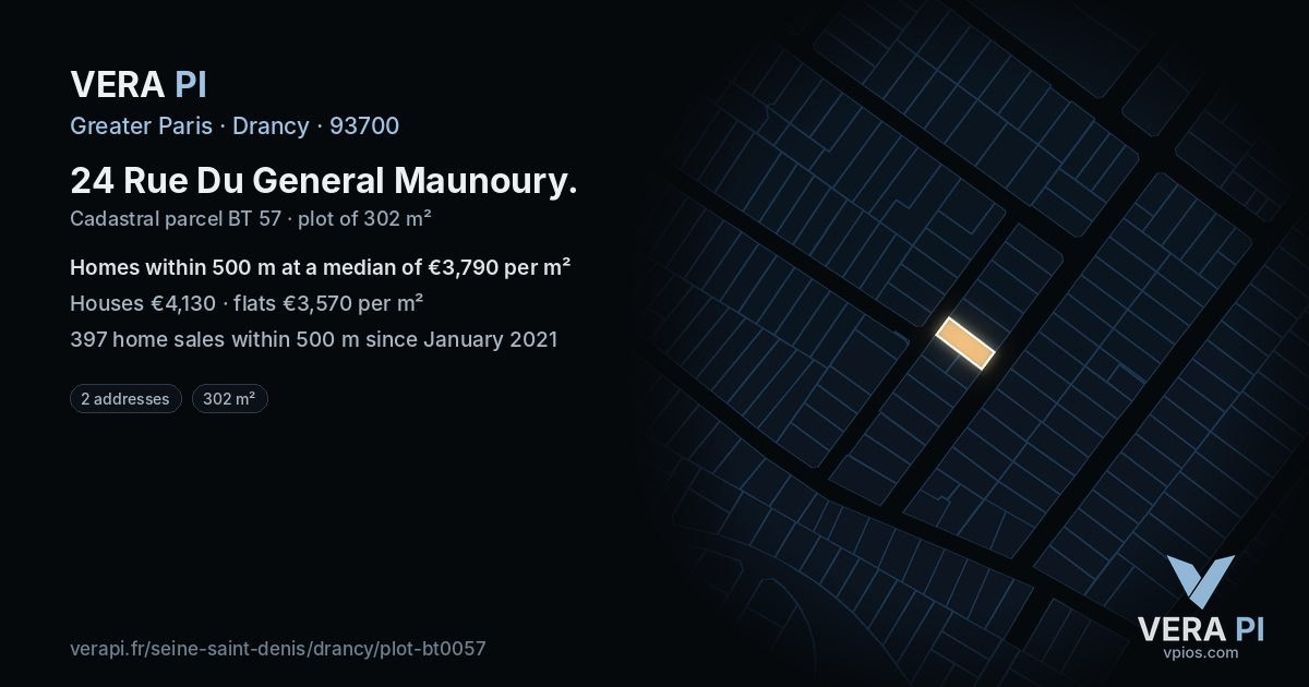 24 Rue Du General Maunoury, Drancy at night – the plot lit, the parcels around coloured by the prices near them