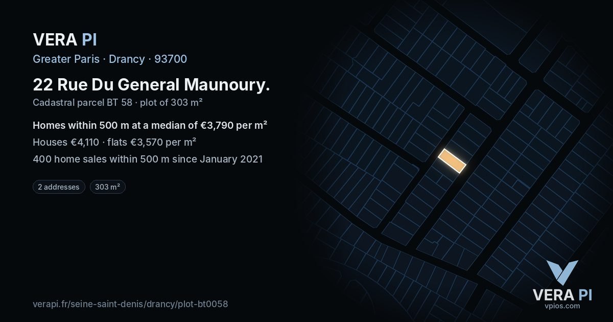 22 Rue Du General Maunoury, Drancy at night – the plot lit, the parcels around coloured by the prices near them
