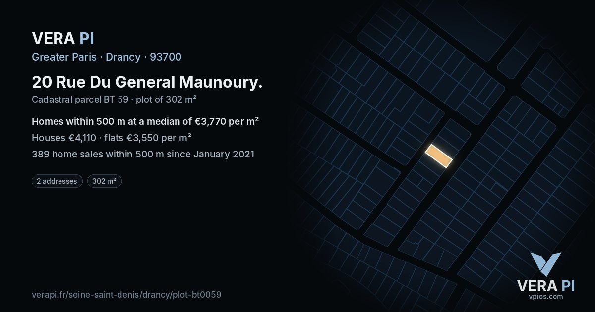 20 Rue Du General Maunoury, Drancy at night – the plot lit, the parcels around coloured by the prices near them