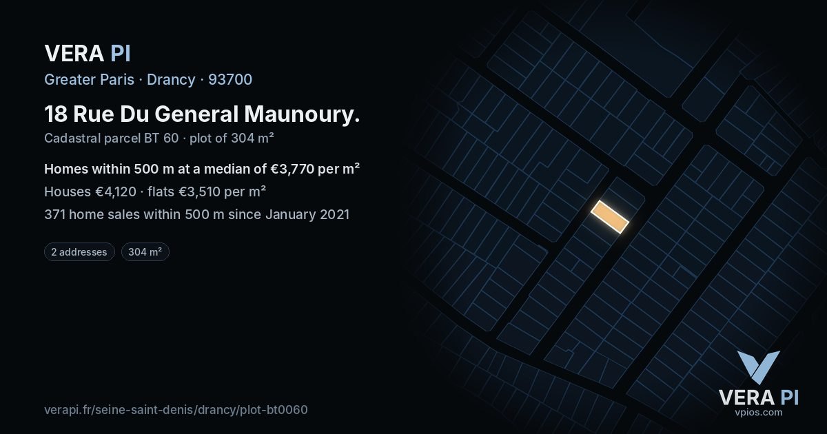 18 Rue Du General Maunoury, Drancy at night – the plot lit, the parcels around coloured by the prices near them
