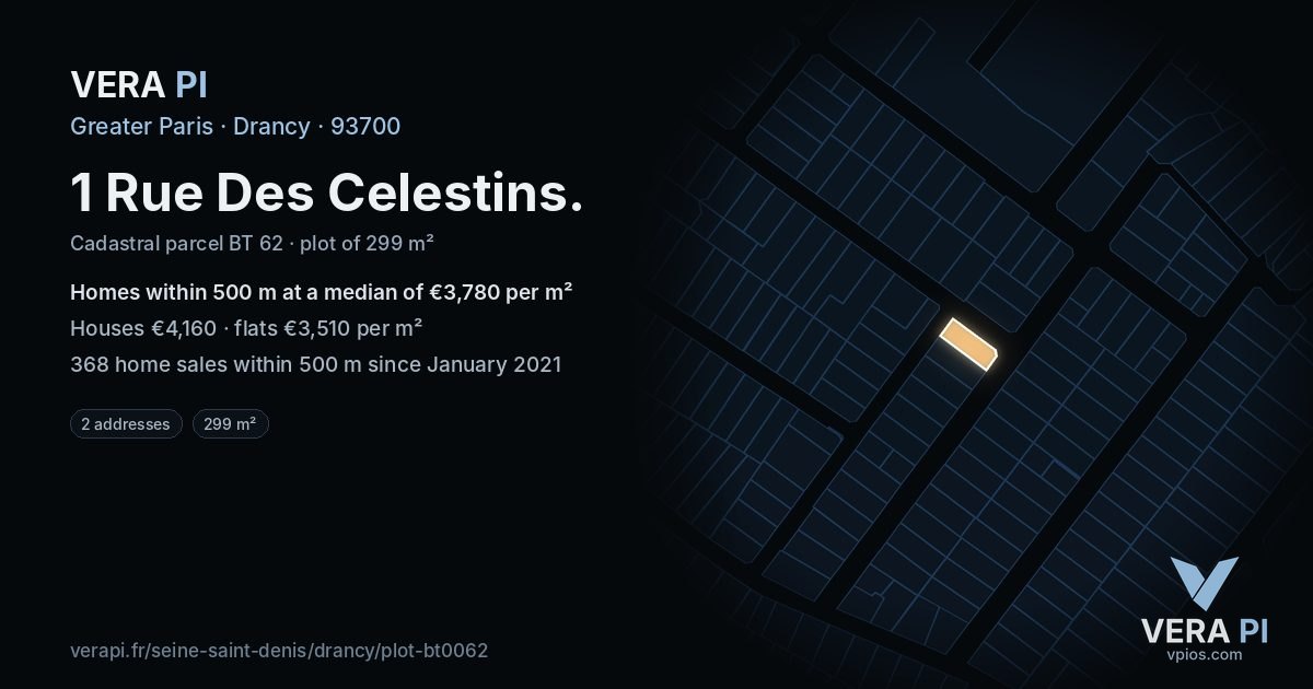 1 Rue Des Celestins, Drancy at night – the plot lit, the parcels around coloured by the prices near them