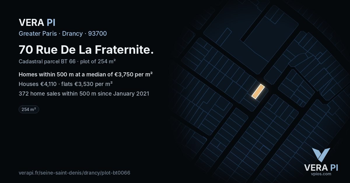 70 Rue De La Fraternite, Drancy at night – the plot lit, the parcels around coloured by the prices near them