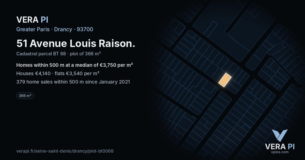 51 Avenue Louis Raison, Drancy at night – the plot lit, the parcels around coloured by the prices near them