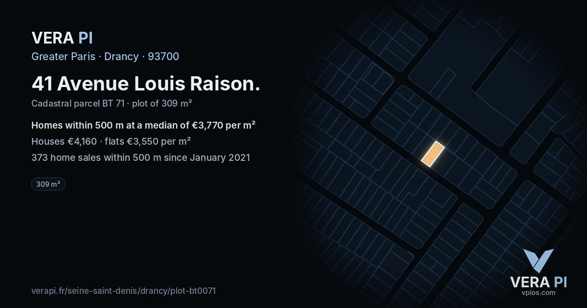 41 Avenue Louis Raison, Drancy at night – the plot lit, the parcels around coloured by the prices near them