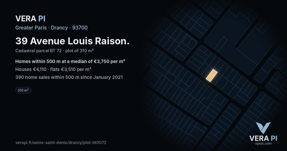 39 Avenue Louis Raison, Drancy at night – the plot lit, the parcels around coloured by the prices near them