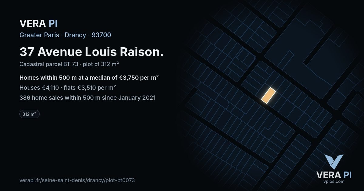 37 Avenue Louis Raison, Drancy at night – the plot lit, the parcels around coloured by the prices near them