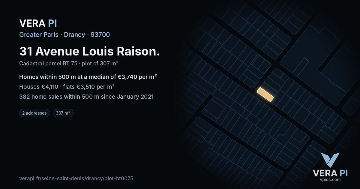31 Avenue Louis Raison, Drancy at night – the plot lit, the parcels around coloured by the prices near them