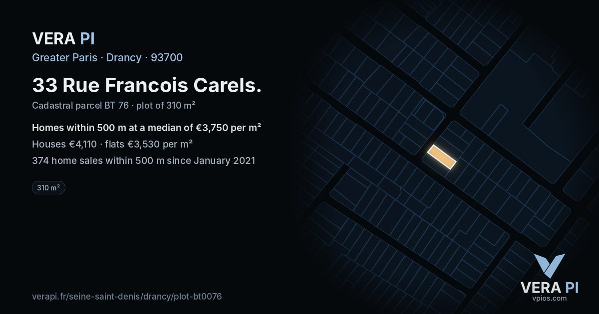 33 Rue Francois Carels, Drancy at night – the plot lit, the parcels around coloured by the prices near them
