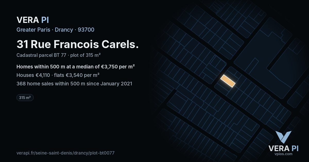 31 Rue Francois Carels, Drancy at night – the plot lit, the parcels around coloured by the prices near them