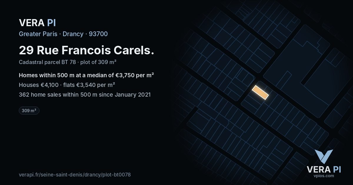 29 Rue Francois Carels, Drancy at night – the plot lit, the parcels around coloured by the prices near them