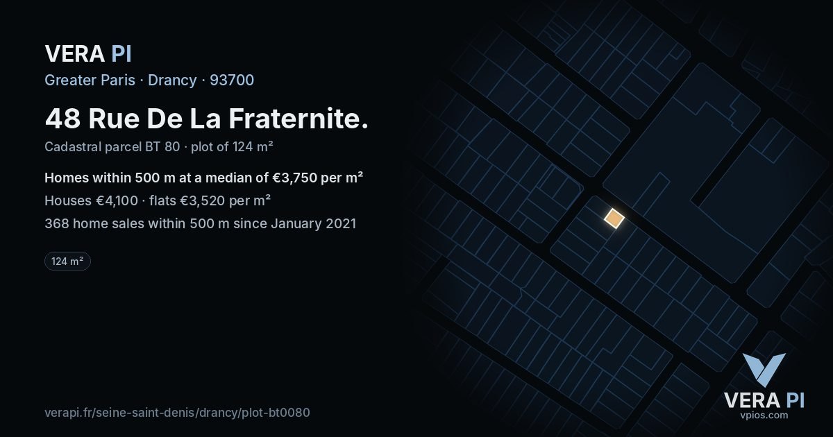48 Rue De La Fraternite, Drancy at night – the plot lit, the parcels around coloured by the prices near them