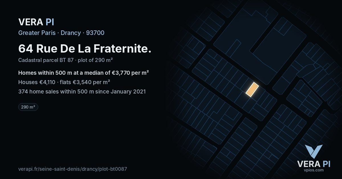 64 Rue De La Fraternite, Drancy at night – the plot lit, the parcels around coloured by the prices near them