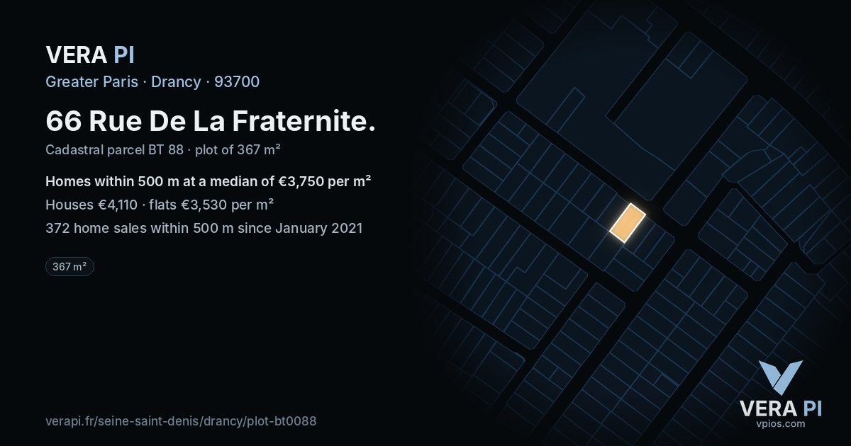 66 Rue De La Fraternite, Drancy at night – the plot lit, the parcels around coloured by the prices near them