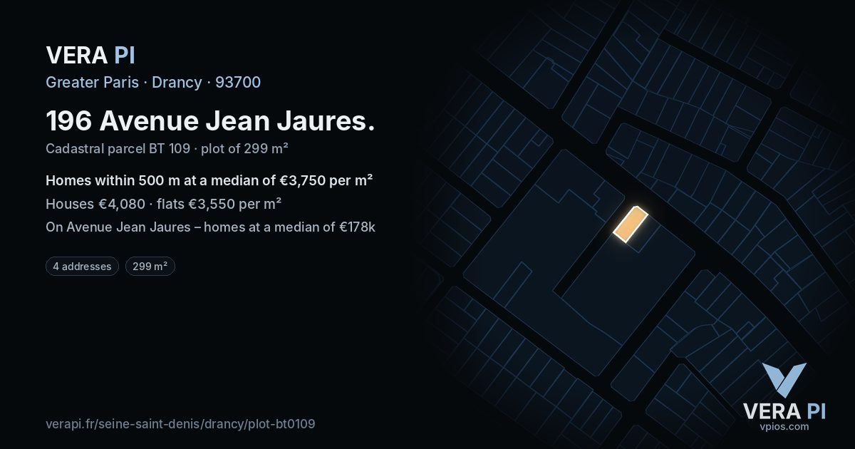 196 Avenue Jean Jaures, Drancy at night – the plot lit, the parcels around coloured by the prices near them