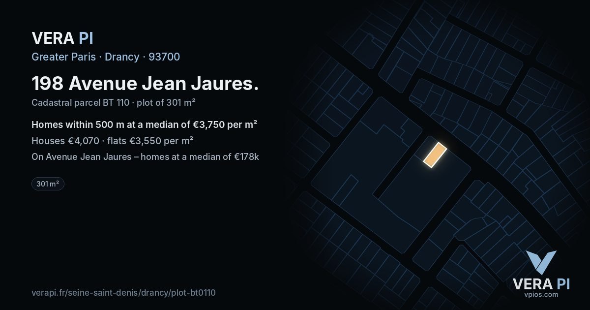 198 Avenue Jean Jaures, Drancy at night – the plot lit, the parcels around coloured by the prices near them