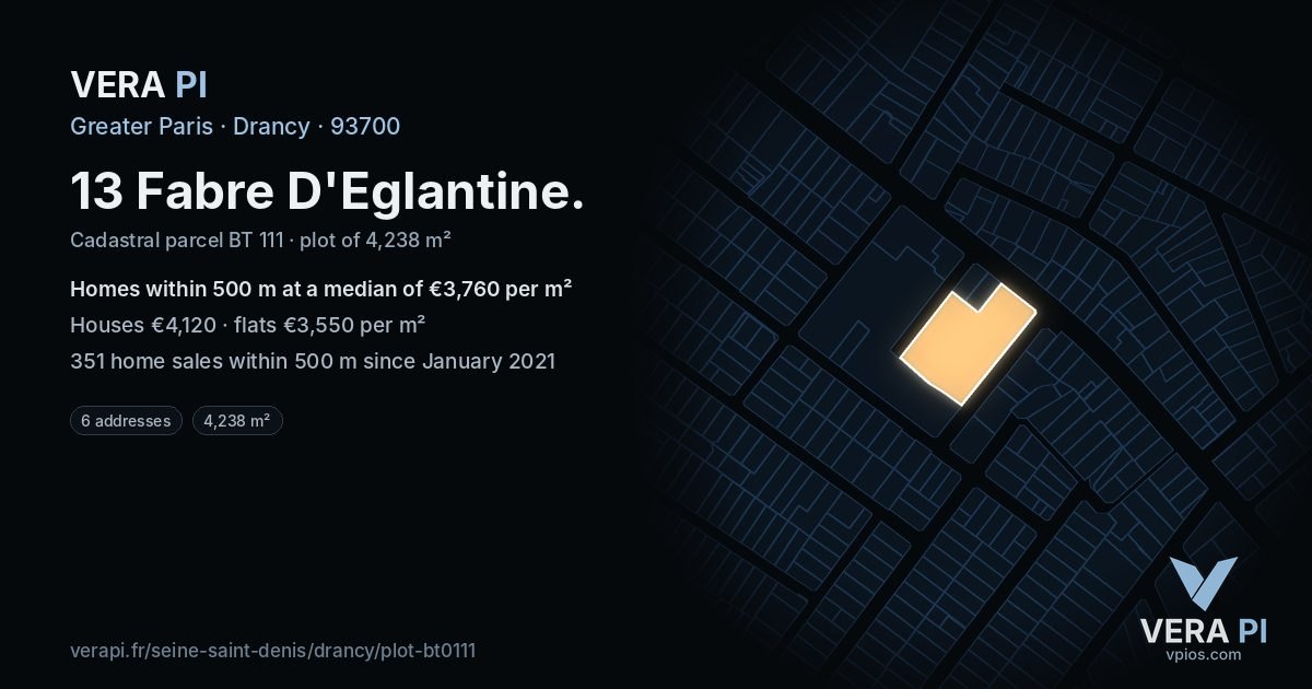 13 Fabre D'Eglantine, Drancy at night – the plot lit, the parcels around coloured by the prices near them