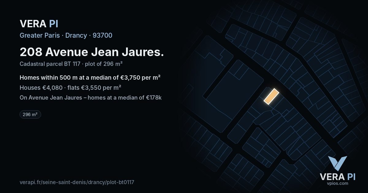 208 Avenue Jean Jaures, Drancy at night – the plot lit, the parcels around coloured by the prices near them