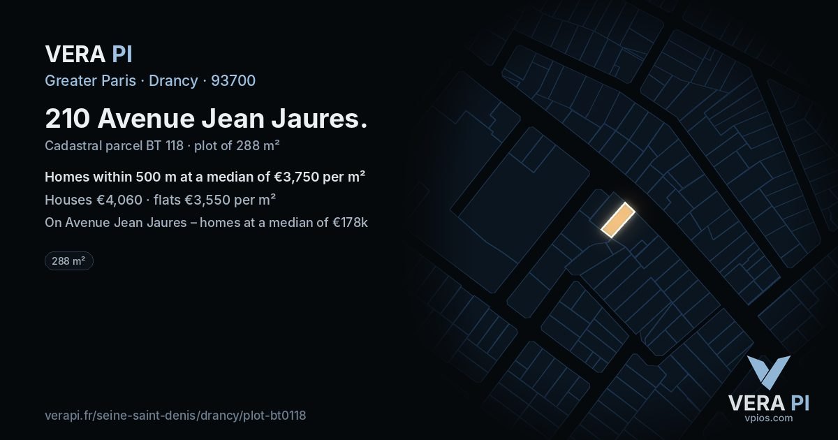 210 Avenue Jean Jaures, Drancy at night – the plot lit, the parcels around coloured by the prices near them