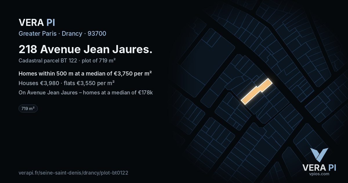 218 Avenue Jean Jaures, Drancy at night – the plot lit, the parcels around coloured by the prices near them