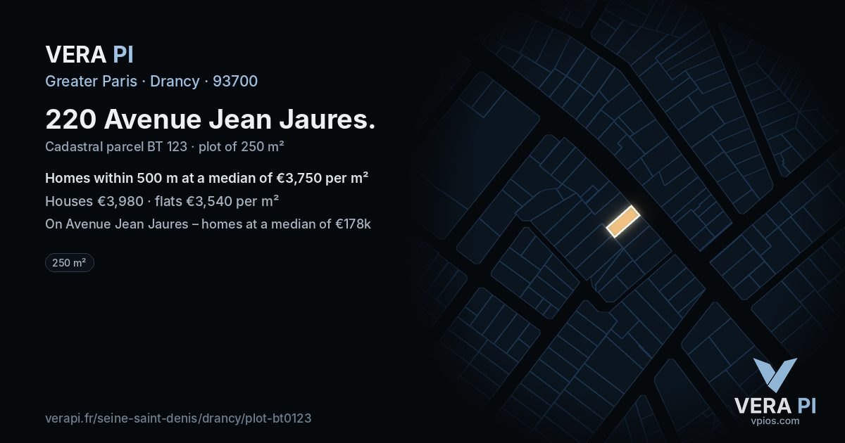 220 Avenue Jean Jaures, Drancy at night – the plot lit, the parcels around coloured by the prices near them