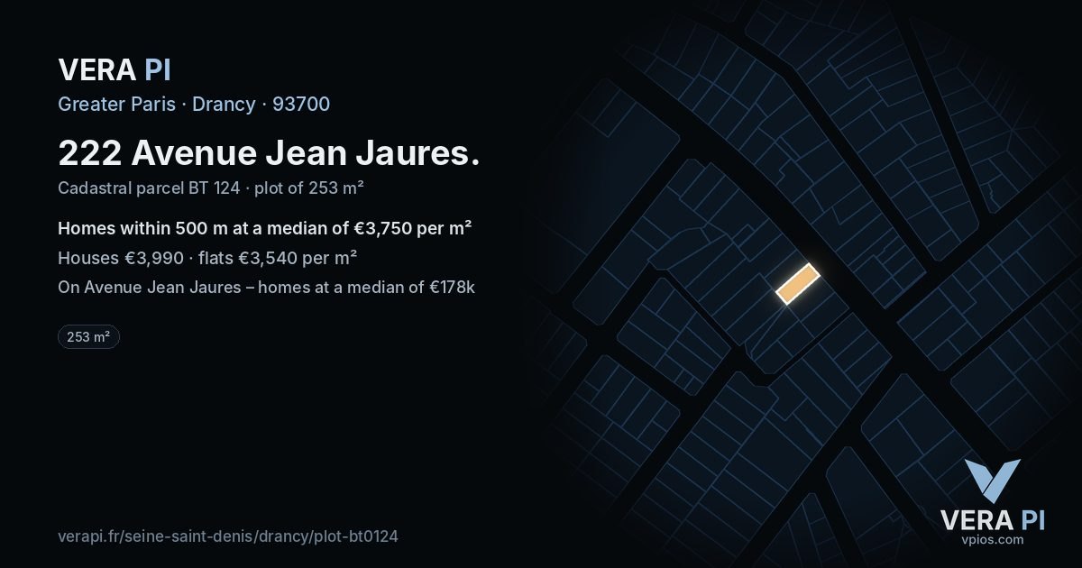 222 Avenue Jean Jaures, Drancy at night – the plot lit, the parcels around coloured by the prices near them