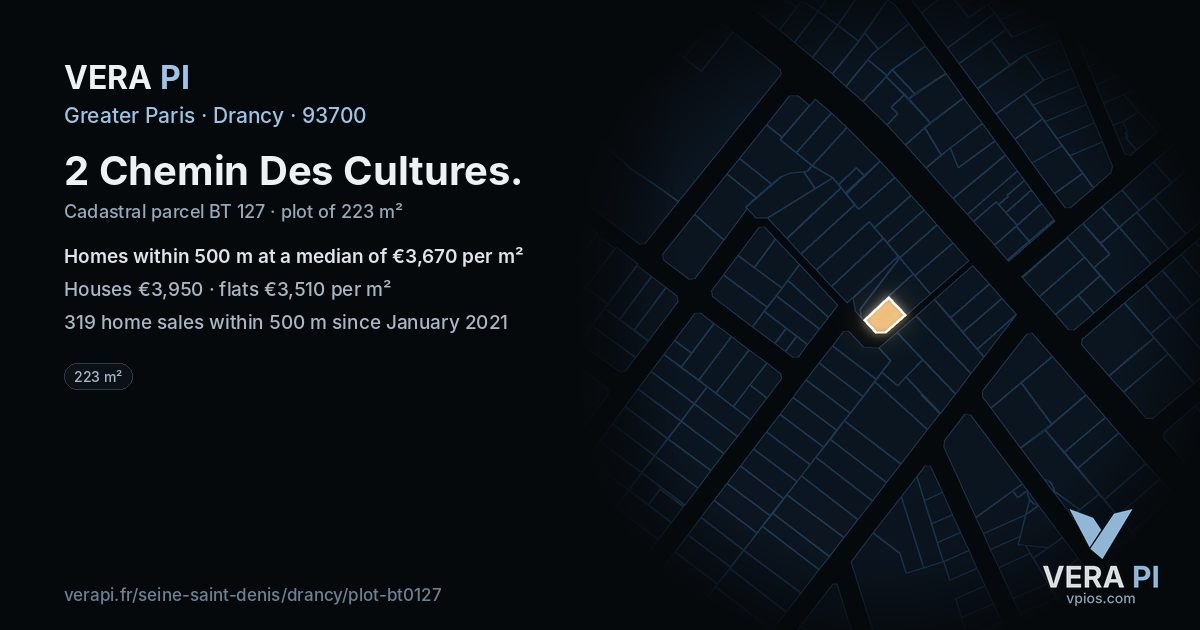 2 Chemin Des Cultures, Drancy at night – the plot lit, the parcels around coloured by the prices near them