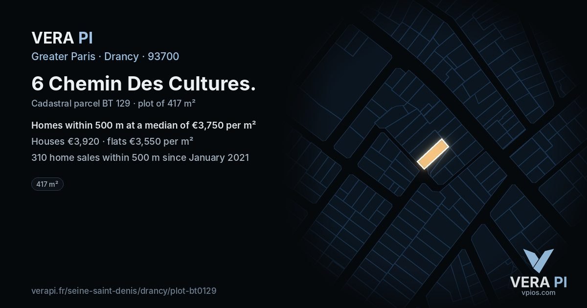 6 Chemin Des Cultures, Drancy at night – the plot lit, the parcels around coloured by the prices near them