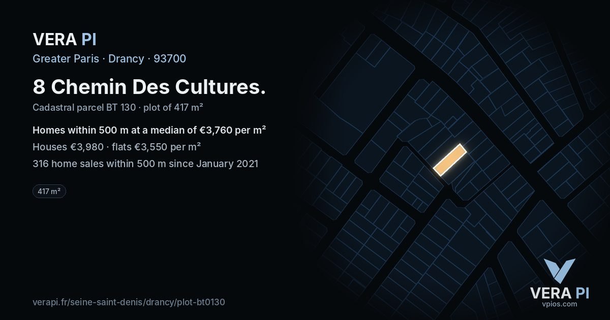 8 Chemin Des Cultures, Drancy at night – the plot lit, the parcels around coloured by the prices near them