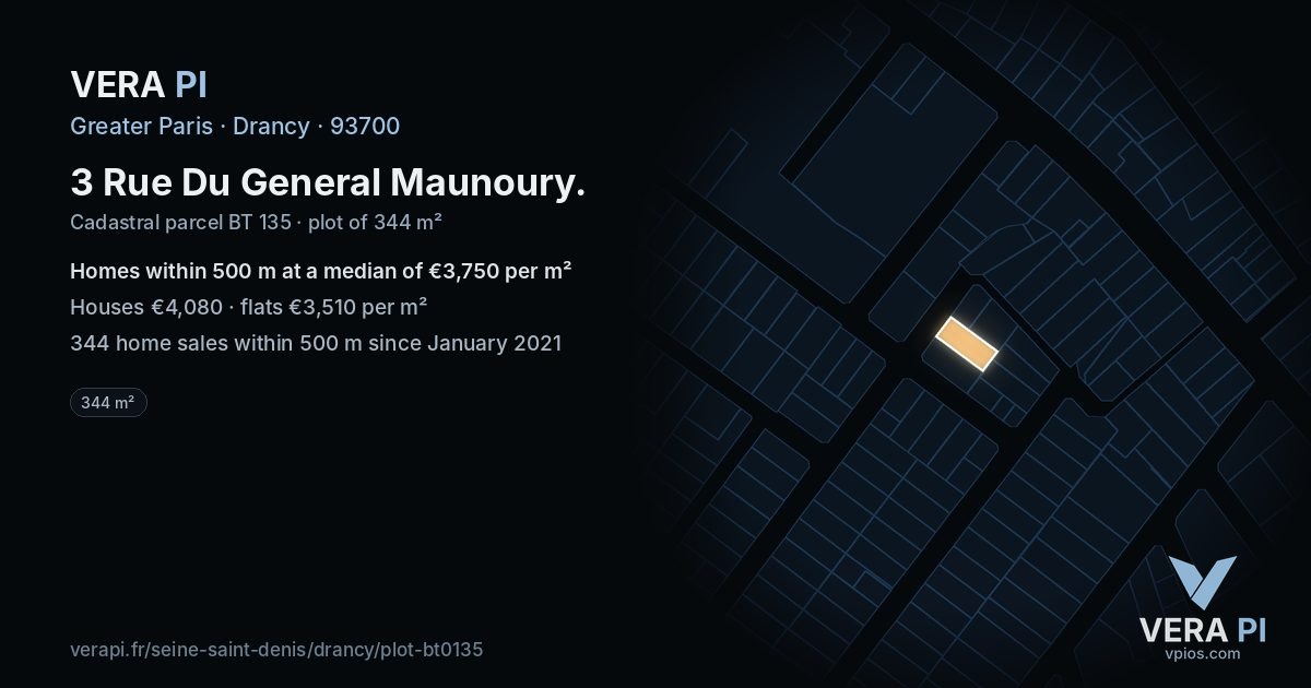 3 Rue Du General Maunoury, Drancy at night – the plot lit, the parcels around coloured by the prices near them