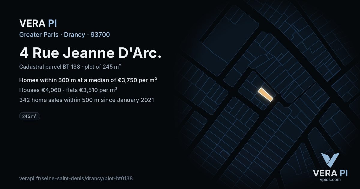 4 Rue Jeanne D'Arc, Drancy at night – the plot lit, the parcels around coloured by the prices near them