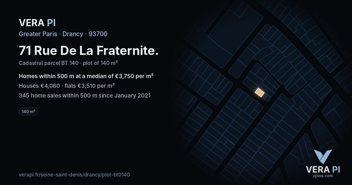 71 Rue De La Fraternite, Drancy at night – the plot lit, the parcels around coloured by the prices near them