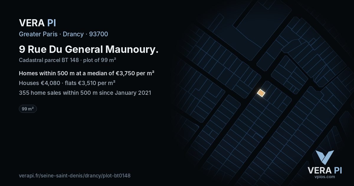9 Rue Du General Maunoury, Drancy at night – the plot lit, the parcels around coloured by the prices near them