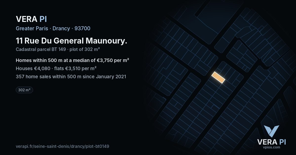 11 Rue Du General Maunoury, Drancy at night – the plot lit, the parcels around coloured by the prices near them