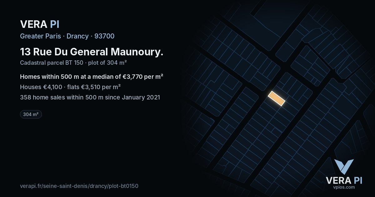 13 Rue Du General Maunoury, Drancy at night – the plot lit, the parcels around coloured by the prices near them