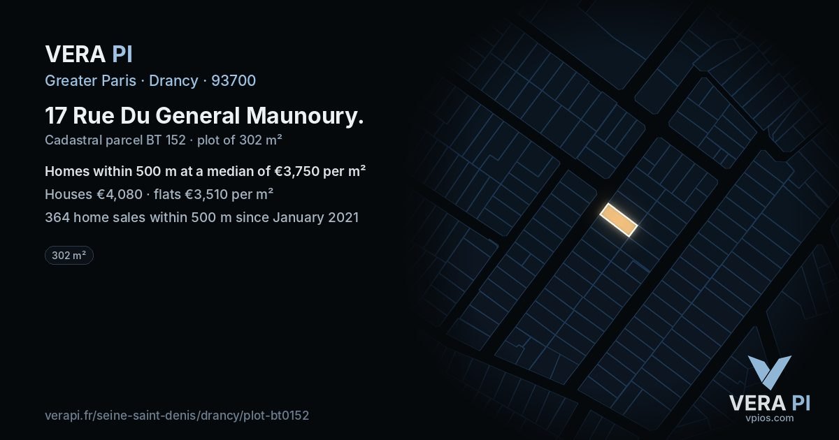 17 Rue Du General Maunoury, Drancy at night – the plot lit, the parcels around coloured by the prices near them