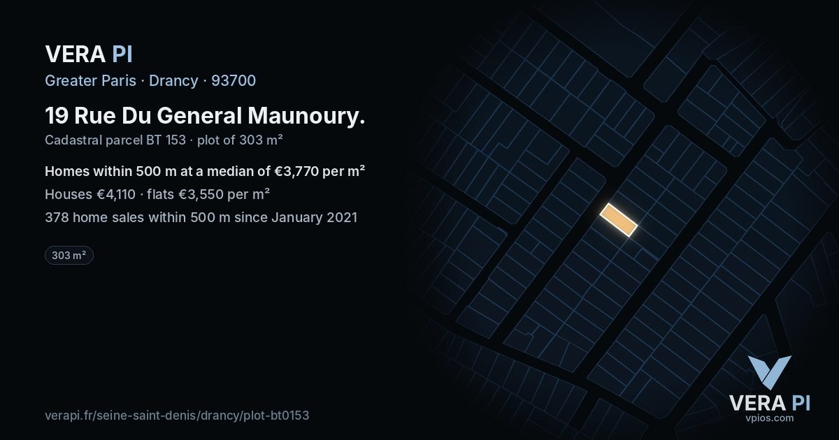 19 Rue Du General Maunoury, Drancy at night – the plot lit, the parcels around coloured by the prices near them