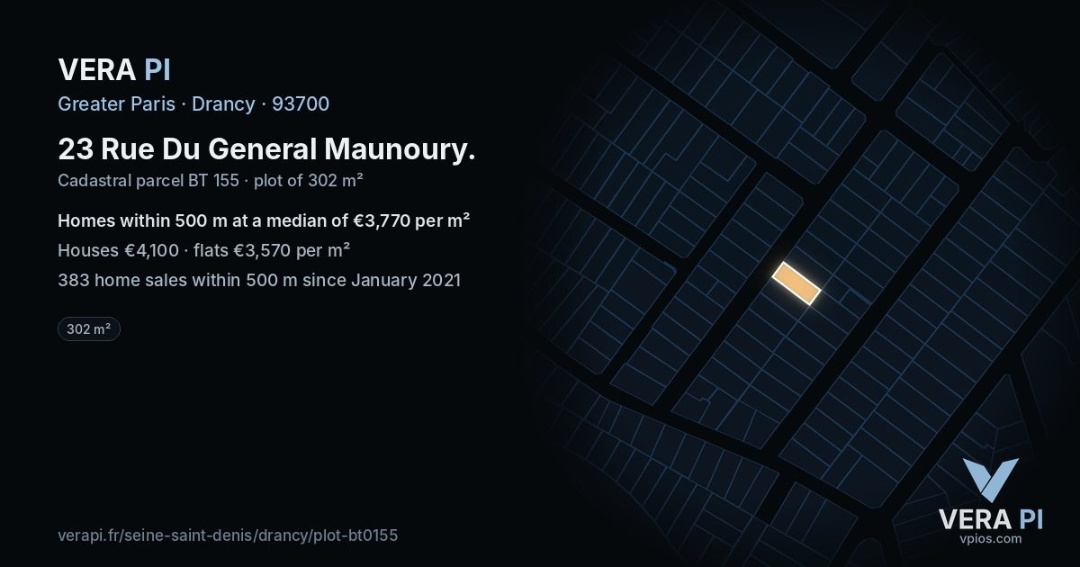 23 Rue Du General Maunoury, Drancy at night – the plot lit, the parcels around coloured by the prices near them