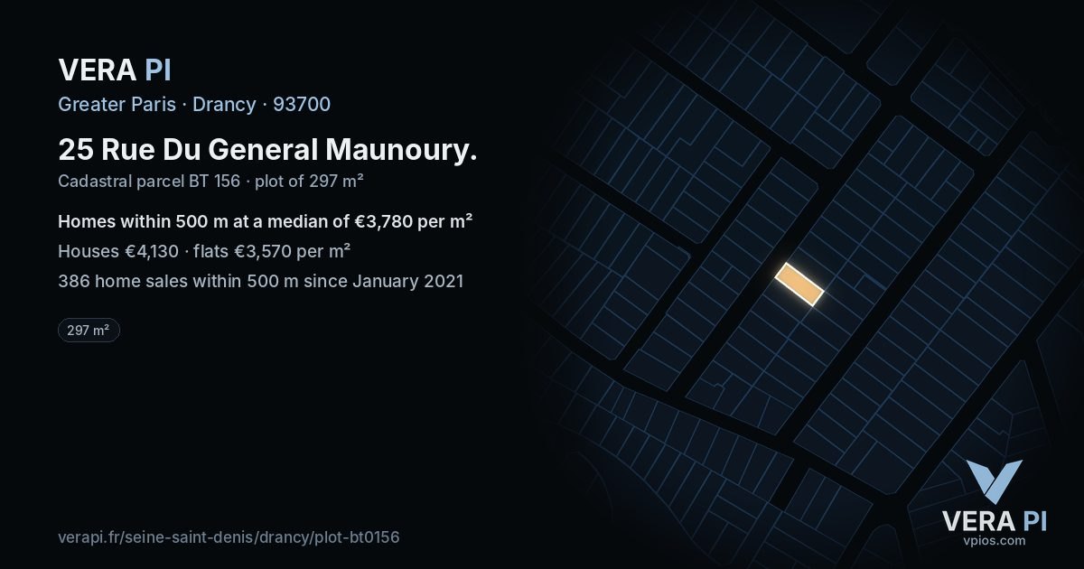 25 Rue Du General Maunoury, Drancy at night – the plot lit, the parcels around coloured by the prices near them