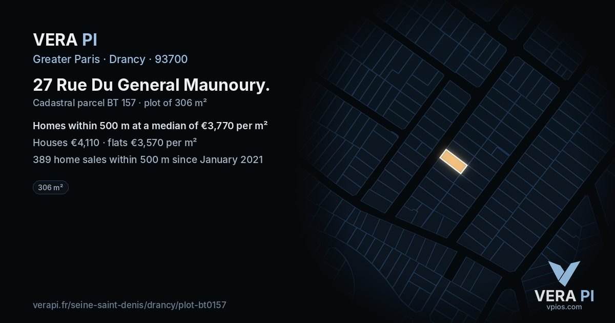 27 Rue Du General Maunoury, Drancy at night – the plot lit, the parcels around coloured by the prices near them