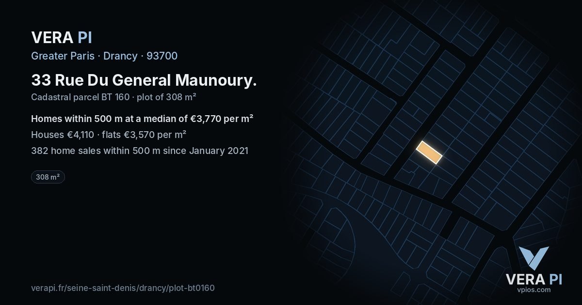 33 Rue Du General Maunoury, Drancy at night – the plot lit, the parcels around coloured by the prices near them