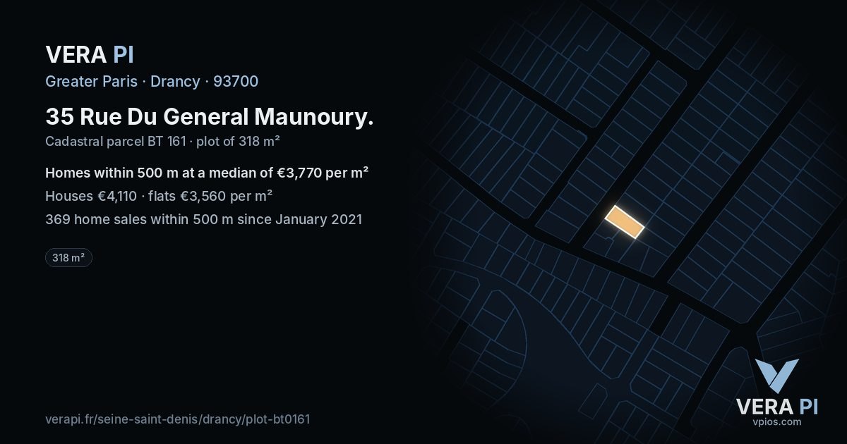 35 Rue Du General Maunoury, Drancy at night – the plot lit, the parcels around coloured by the prices near them