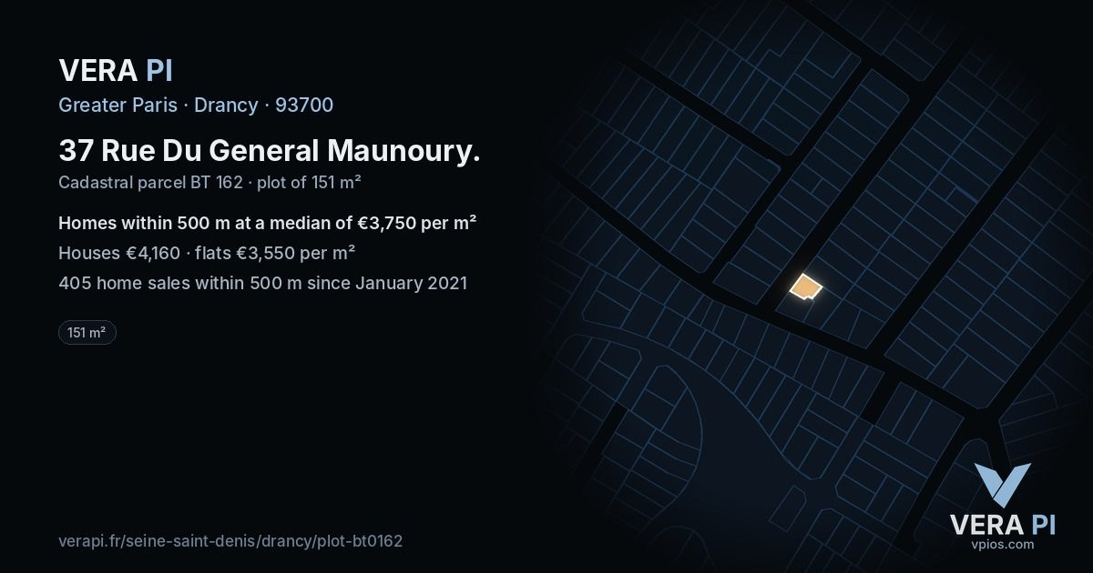 37 Rue Du General Maunoury, Drancy at night – the plot lit, the parcels around coloured by the prices near them