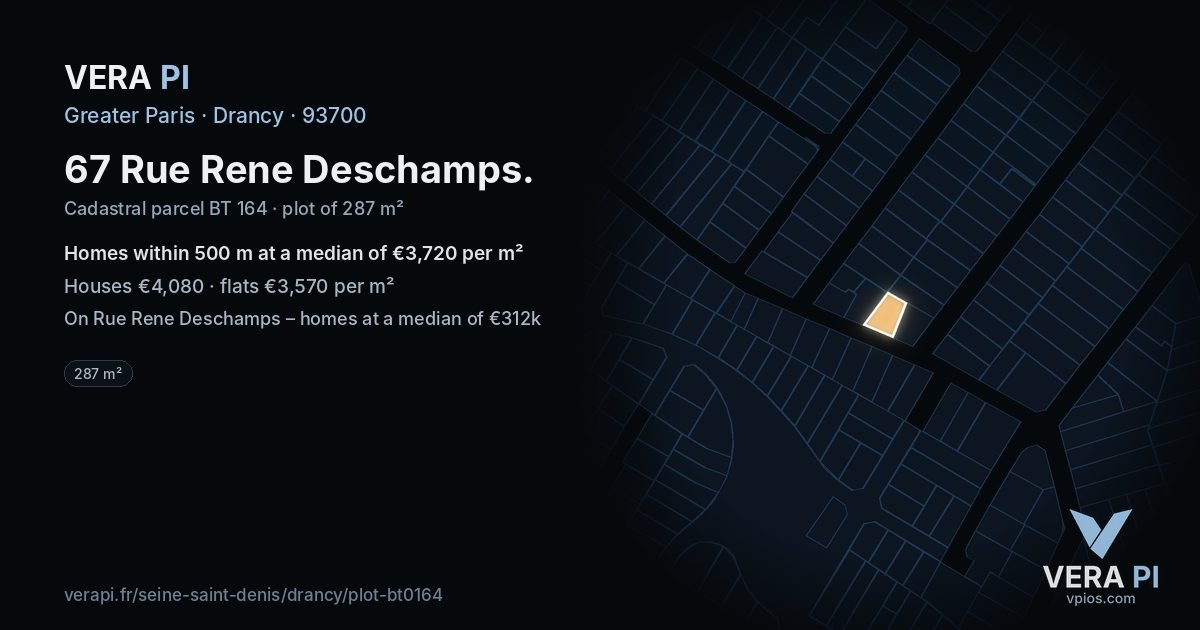 67 Rue Rene Deschamps, Drancy at night – the plot lit, the parcels around coloured by the prices near them