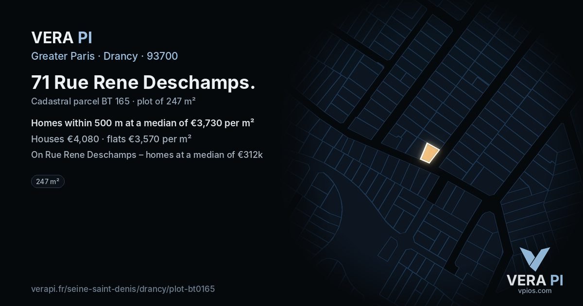 71 Rue Rene Deschamps, Drancy at night – the plot lit, the parcels around coloured by the prices near them