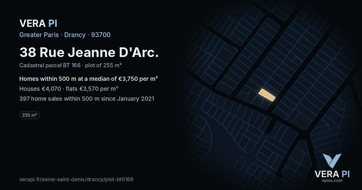 38 Rue Jeanne D'Arc, Drancy at night – the plot lit, the parcels around coloured by the prices near them