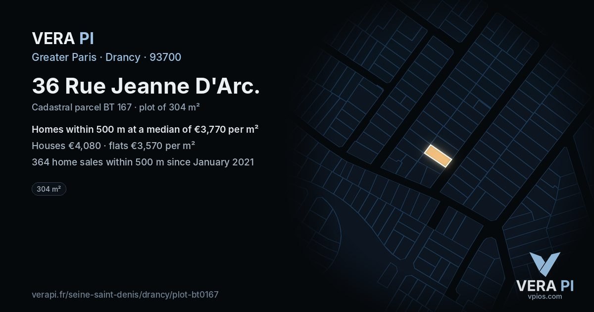 36 Rue Jeanne D'Arc, Drancy at night – the plot lit, the parcels around coloured by the prices near them
