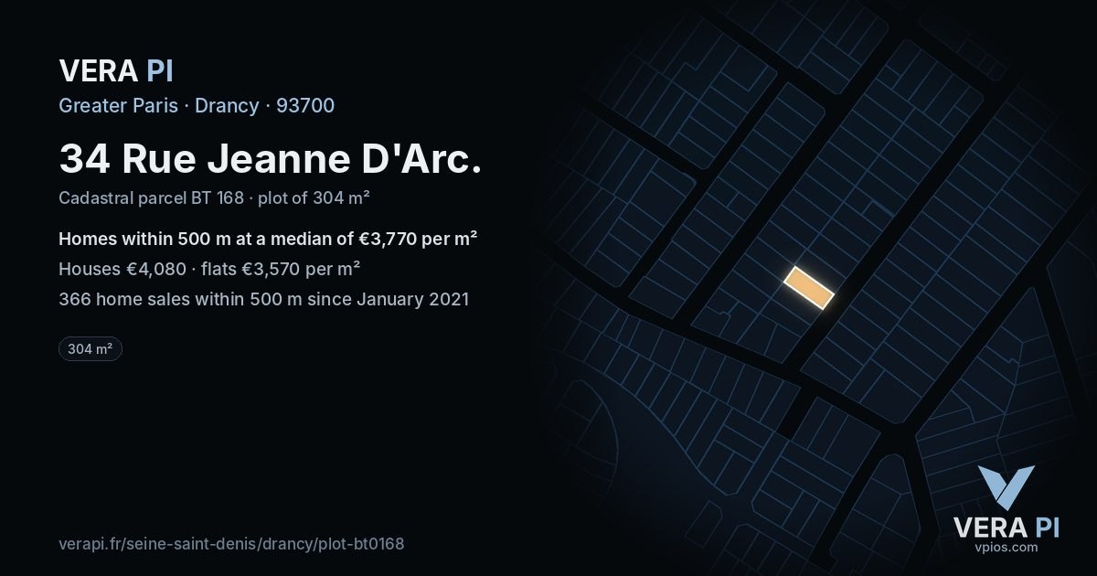 34 Rue Jeanne D'Arc, Drancy at night – the plot lit, the parcels around coloured by the prices near them